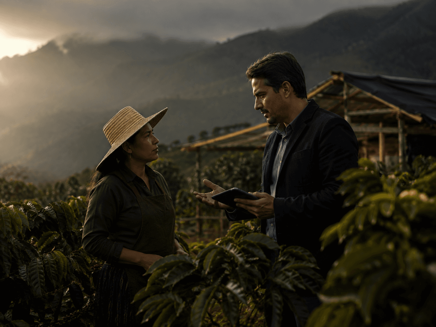 Microcredit advisor speaking with a rural producer in a coffee-growing region